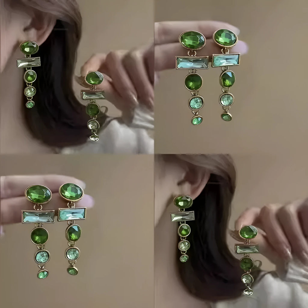 Pair of retro green gradient tassel earrings with geometric shape and inlaid zircon stones.