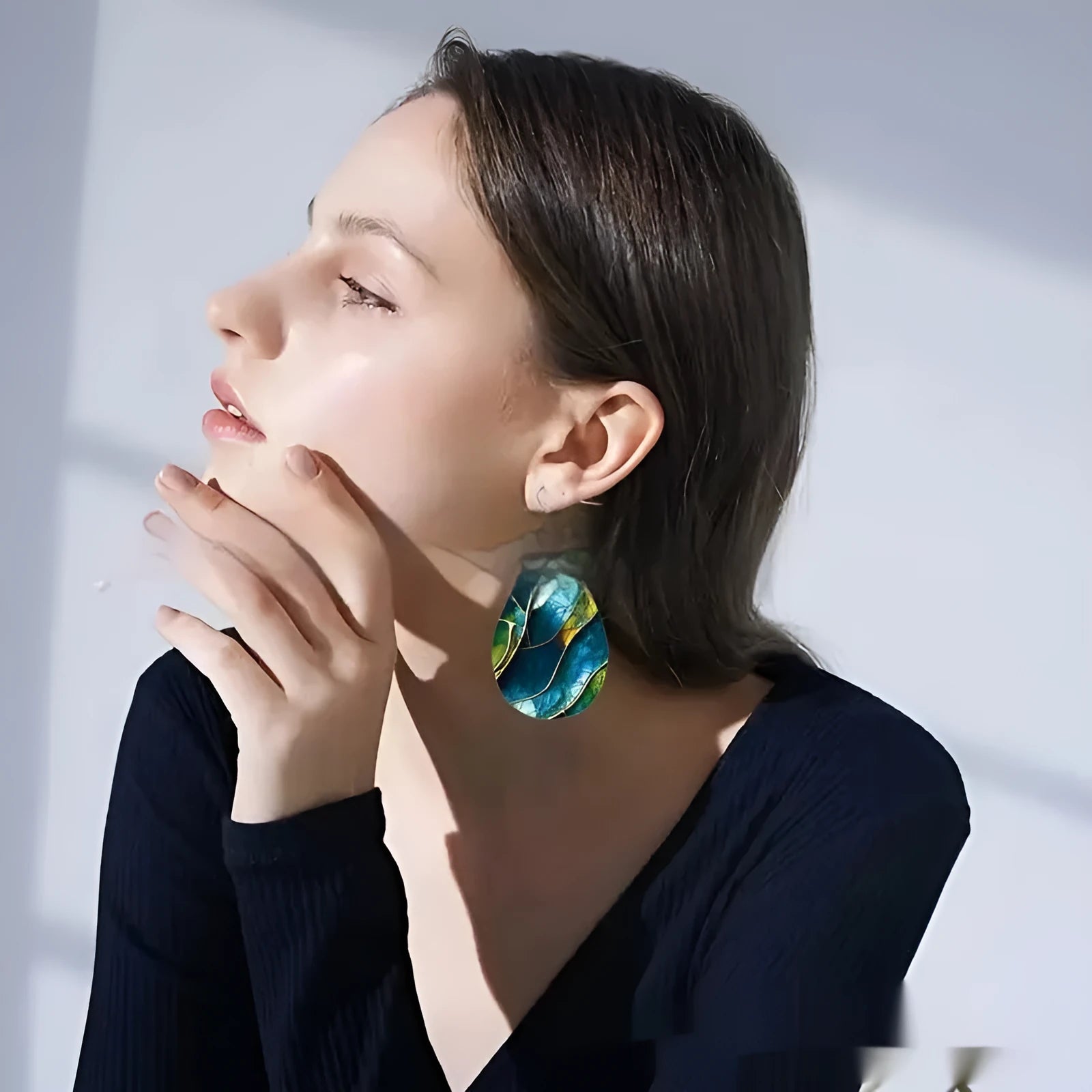 Clear acrylic flat branch knot design earrings with printed pattern in drop shape