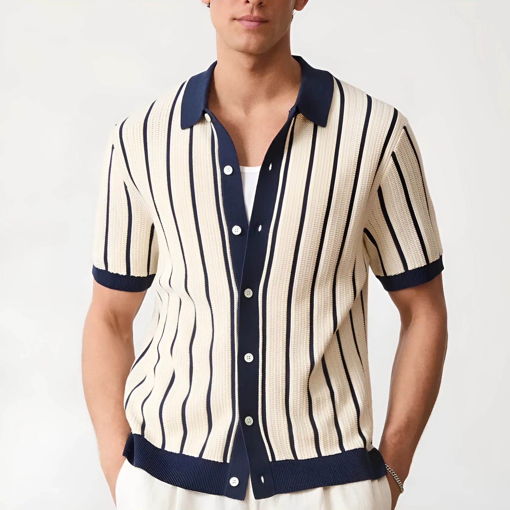 Men's white ice silk knitted shirt with asymmetrical lapel design and short sleeves
