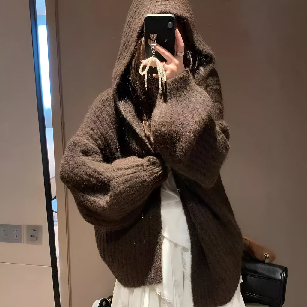 Women's retro style hooded cardigan sweater in thick knit fabric, loose fit, solid colour options