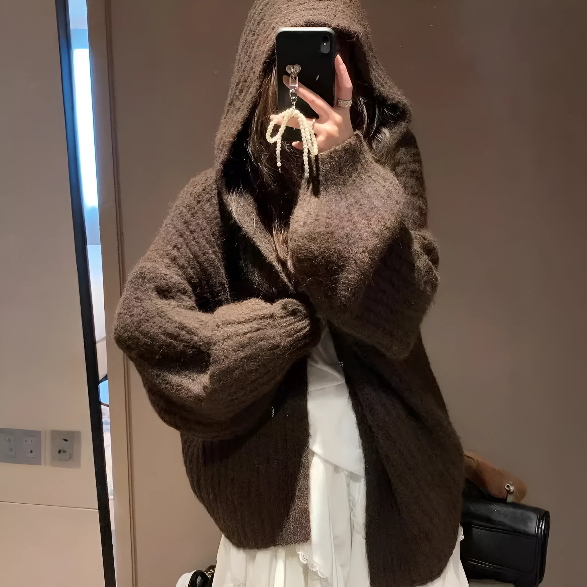 Women's retro style hooded cardigan sweater in thick knit fabric, loose fit, solid colour options