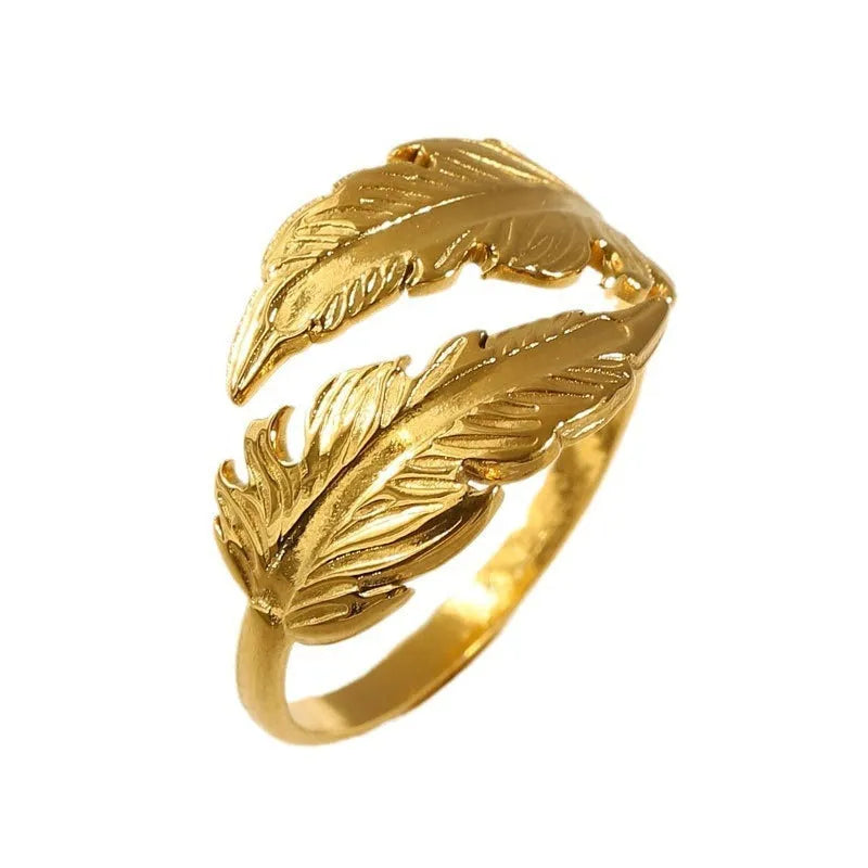 Women's adjustable feather ring in titanium steel with silver or gold electroplated finish