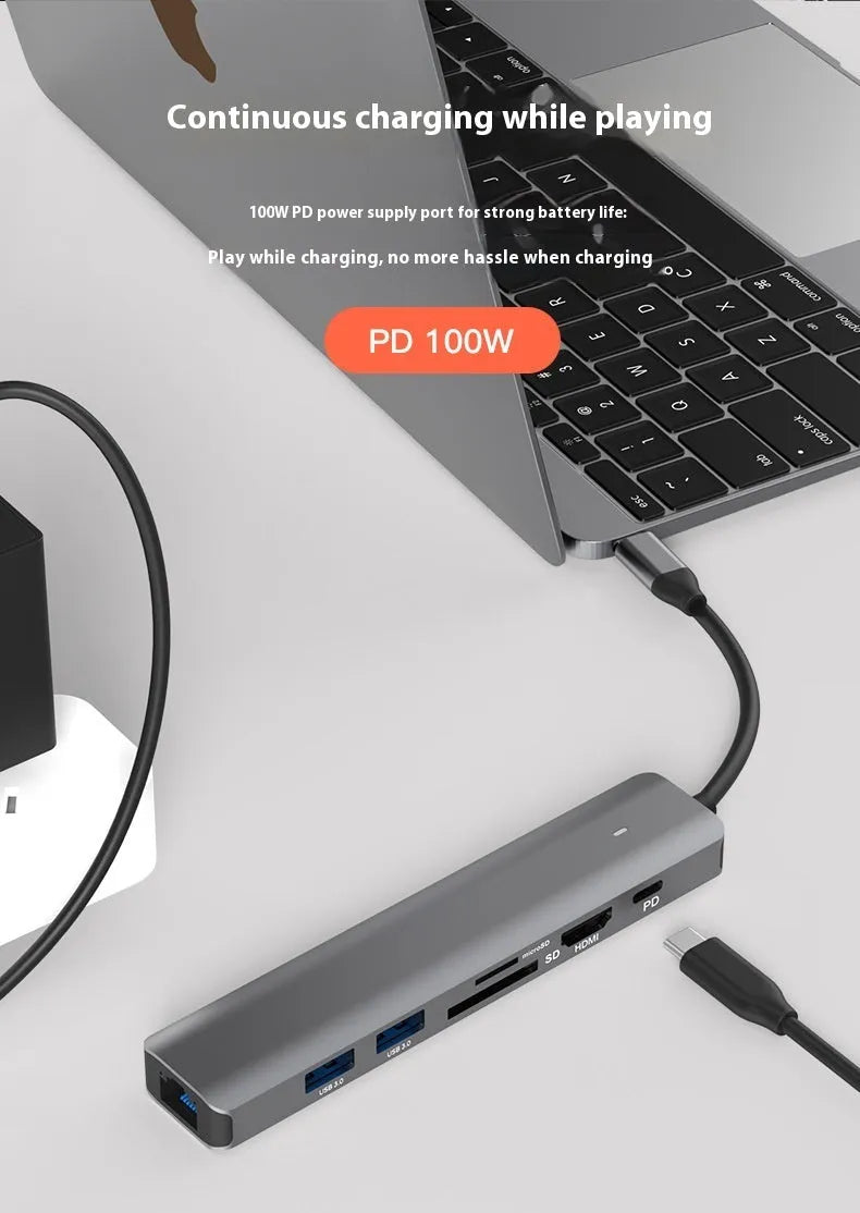 Silver 7-in-1 USB-C hub showing USB-C PD port, three USB ports, HDMI, and SD card slots.