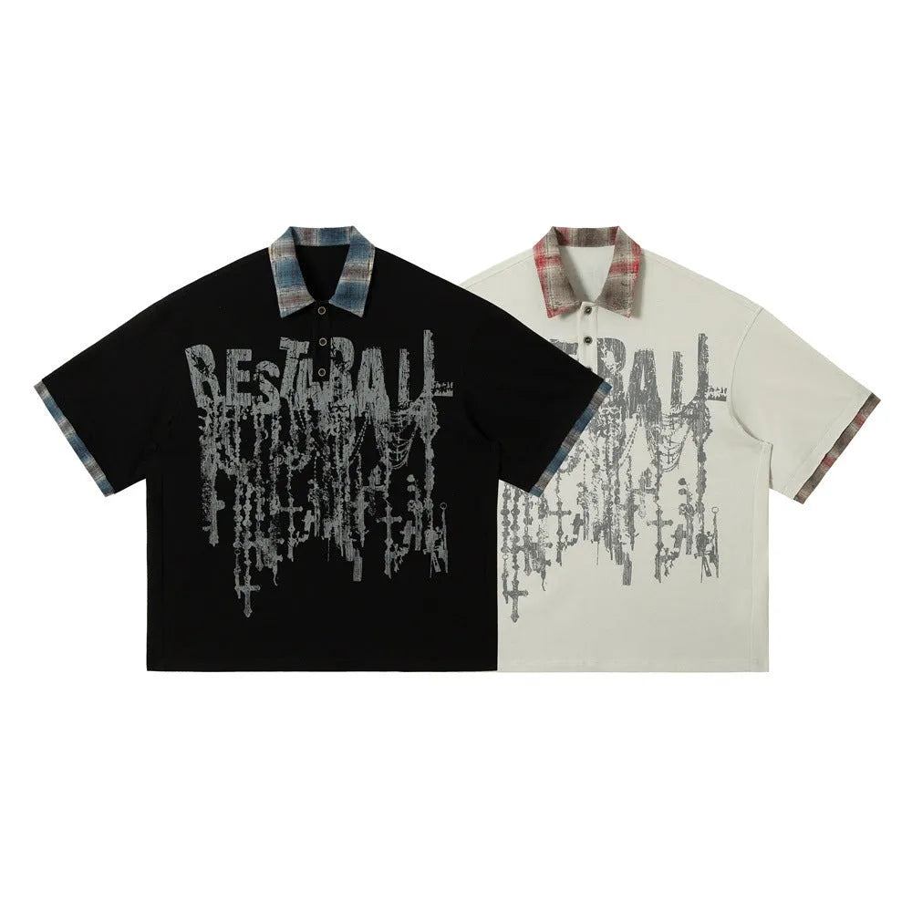 Men's loose blue cotton short-sleeved top with asymmetric lapel and graffiti print detail.
