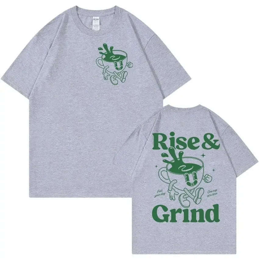Men's loose fit black t-shirt featuring a green 'Rise and Grind Green Coffee' cartoon graphic print.