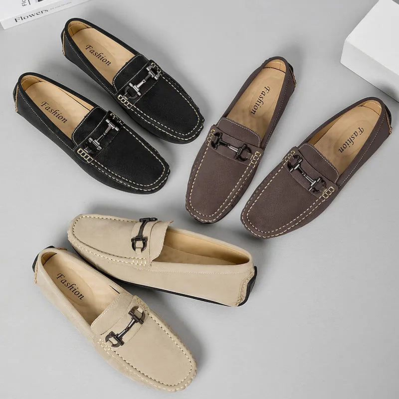 Men's beige casual slip-on shoes made from two-layer cowhide leather with a round toe and rubber sole.