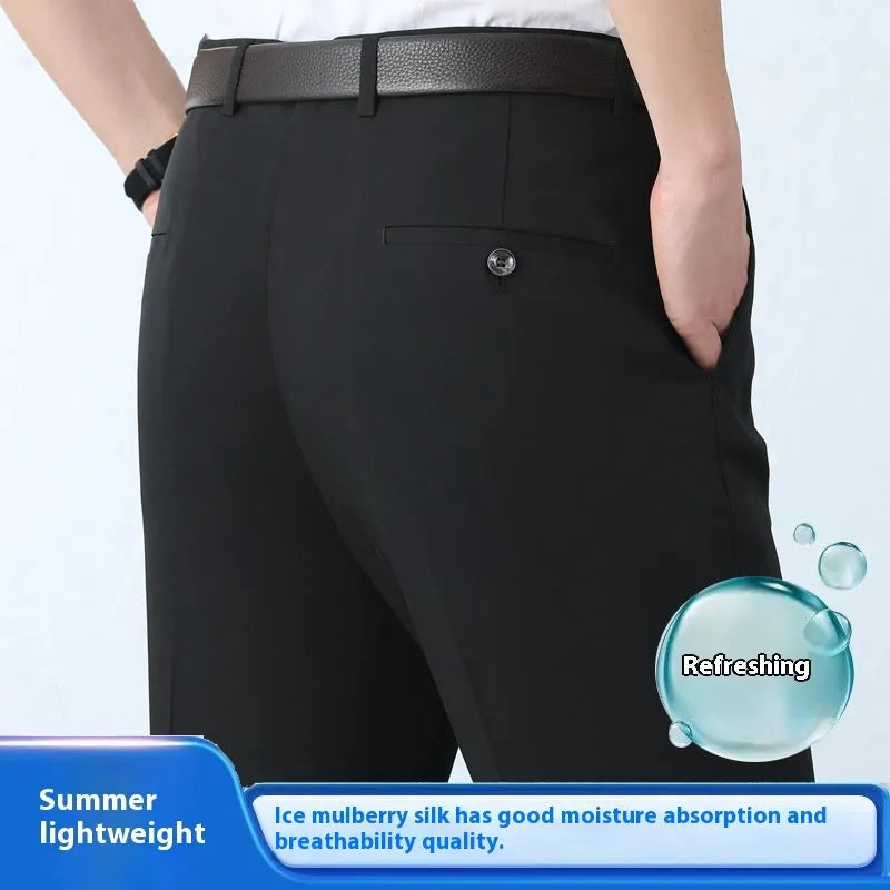 Men's straight leg non-ironing suit trousers in a mulberry silk blend fabric, shown in dark blue.