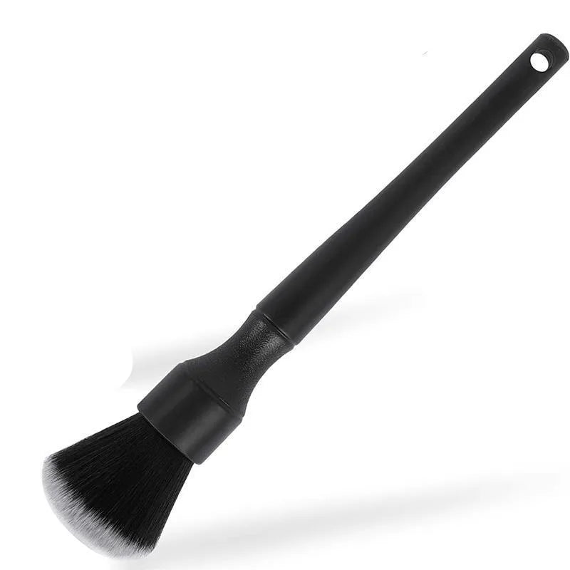 Black car detailing brush with soft pig hair bristles on a PP plastic handle, shown in large and small sizes.