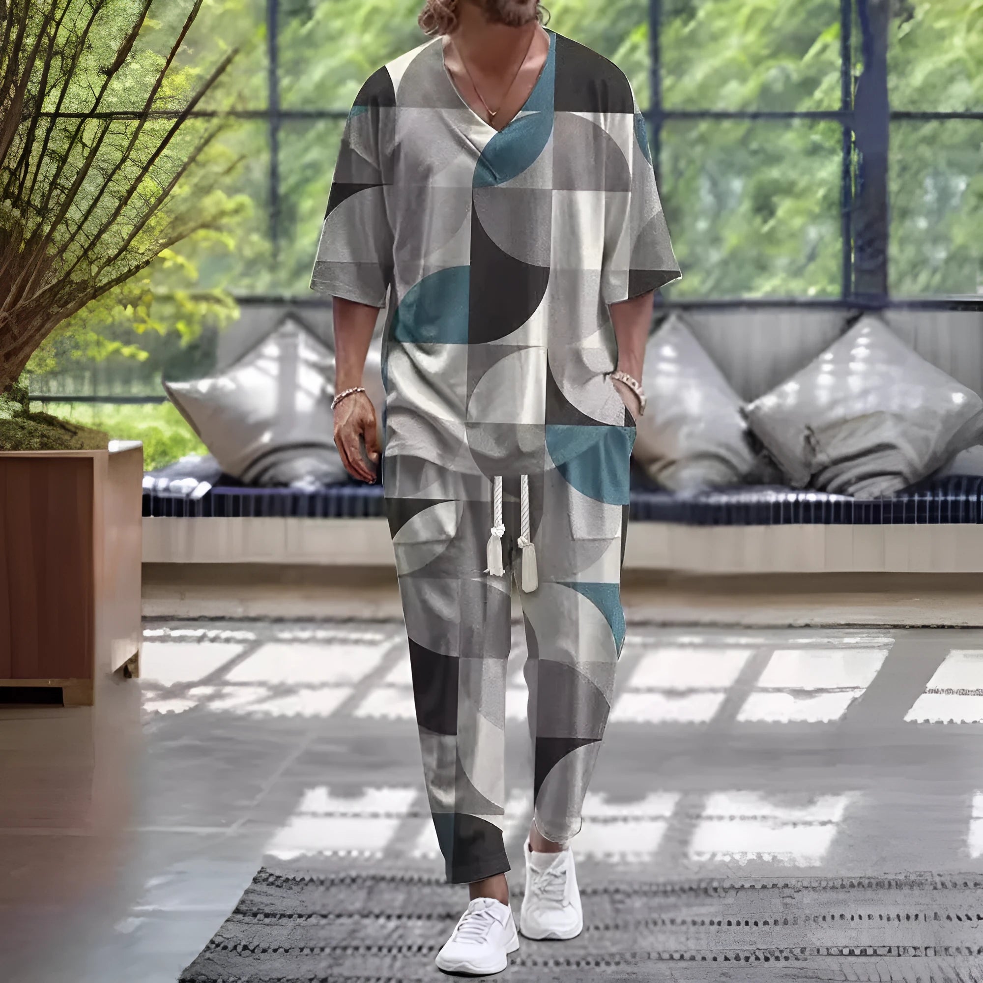 Man wearing a light grey V-neck cropped sleeve jacket and matching trousers from a polyester suit.