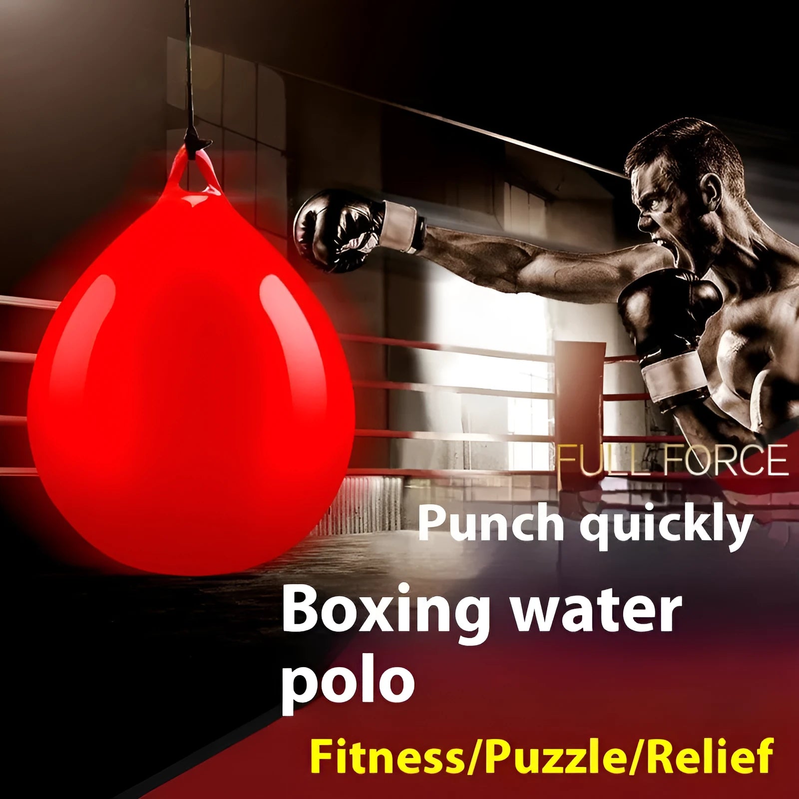 Red PVC water-filled boxing reaction ball with black hook rope sling for speed training.