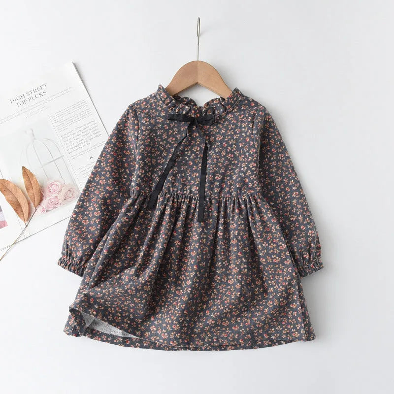 Little floral cotton girls ribbon bowknot dress in princess style with long sleeves available in multiple colours
