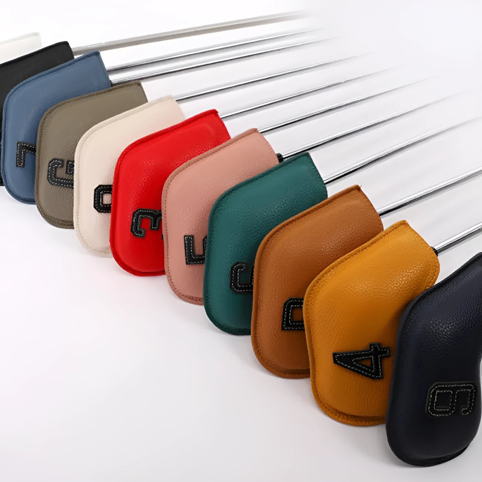 Set of 10 minimally digital printed PU golf club headcovers with a sporty outdoor storage bag.