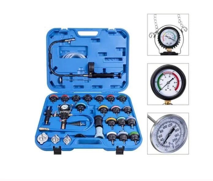 Blue 28-piece automotive radiator pressure tester kit with vacuum purge and refill tools for cooling system diagnostics