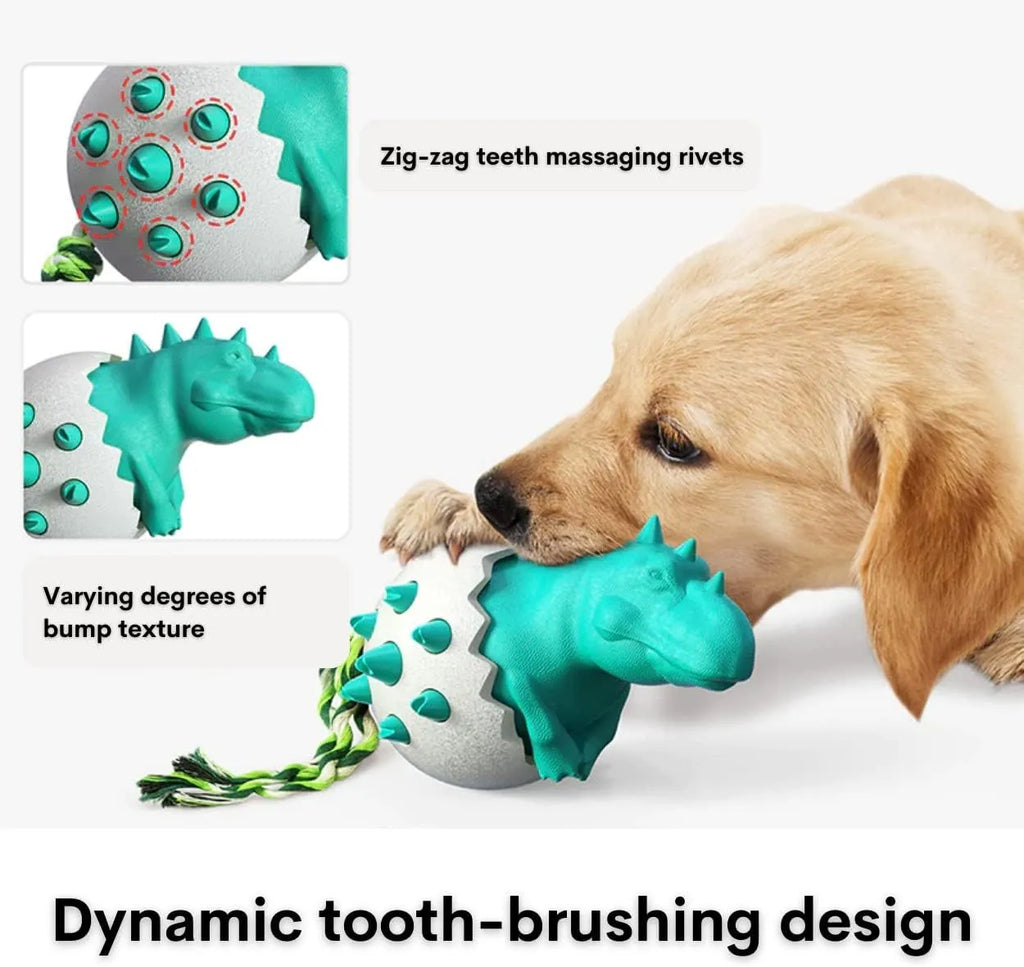 Blue dinosaur-shaped dog chew toy with a rope, showing textured nubs on its surface.