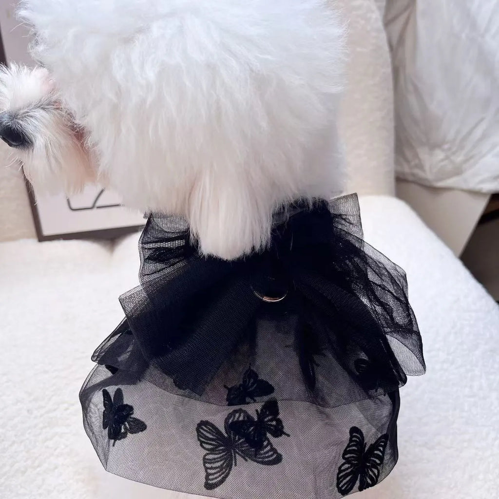 Black gauze princess tulle skirt for a dog or cat on a size chart.