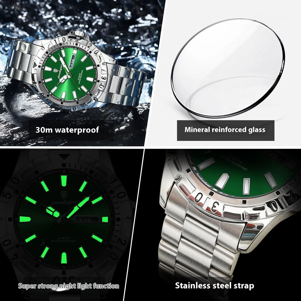Swiss brand waterproof men's luminous watch with 6mm slim case, steel belt, silver tone dial, and luminous hands