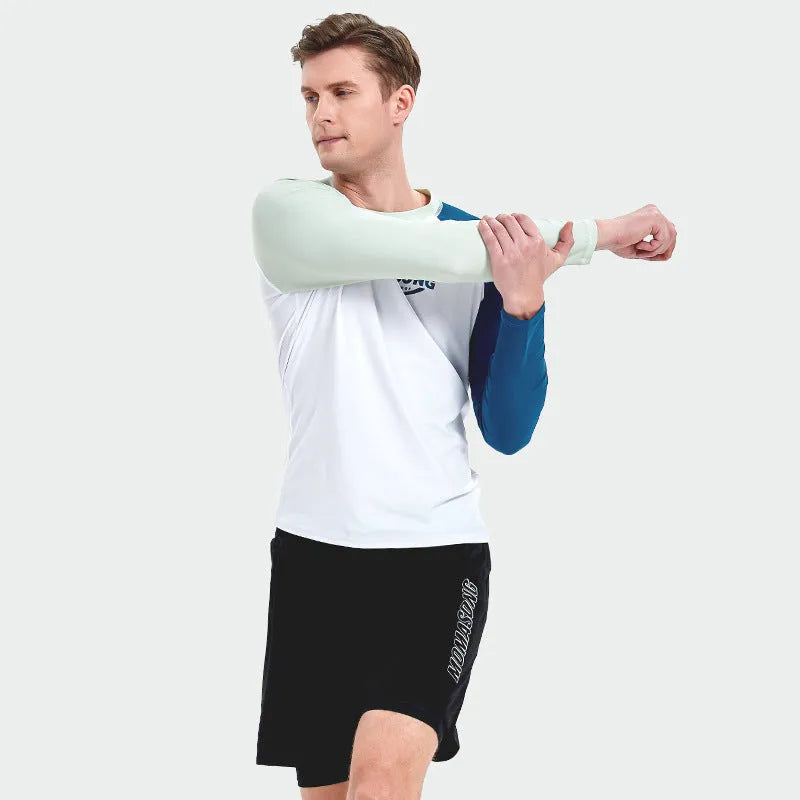 Men's white long sleeve swim top and matching double-layer swim trunks set