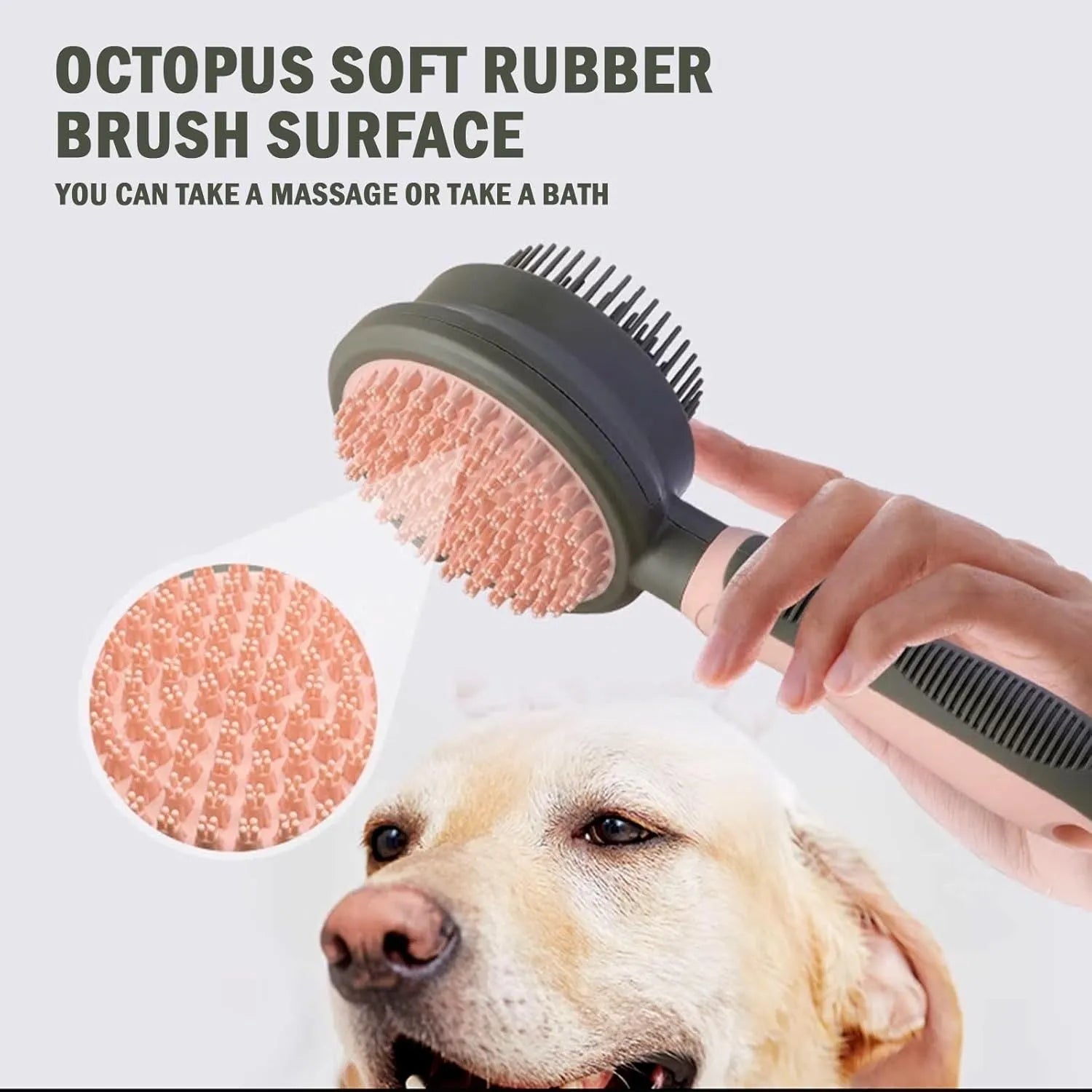 Green and pink double-sided cat brush with a release button and flea comb for grooming.