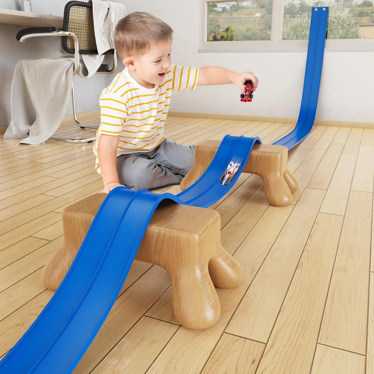 DIY double rail car PVC soft track set with anti-gravity magnetic assembly in blue colour