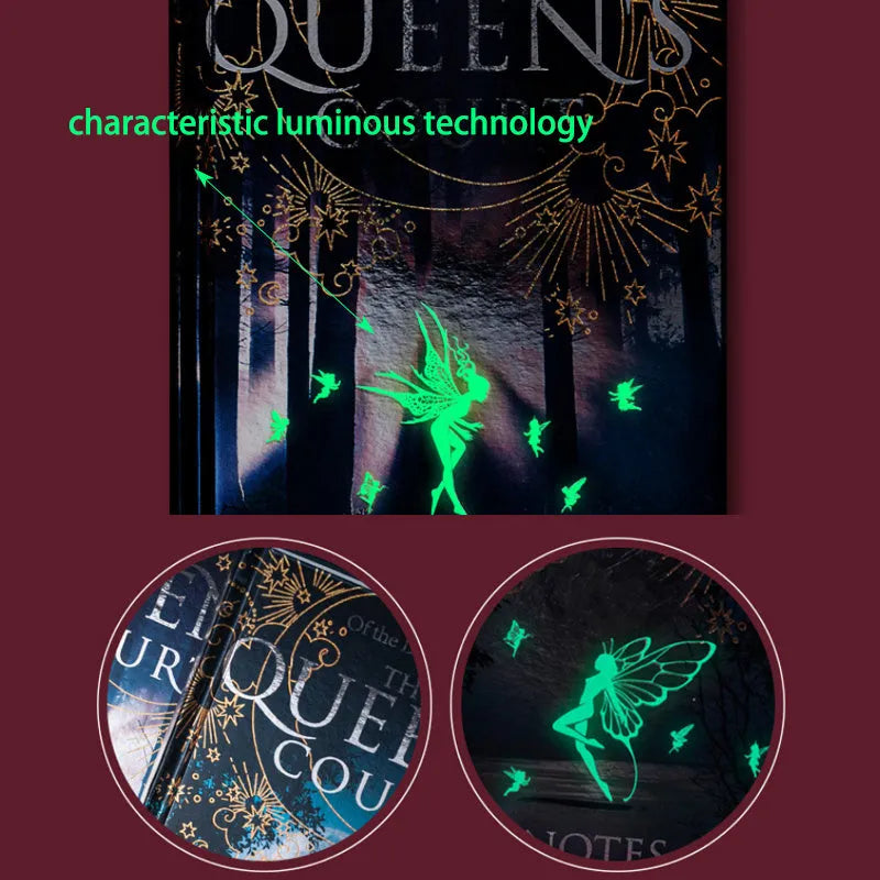 Blue retro luminous hardcover A5 notebook with Night Elves design, open to show full-colour illustrated pages.