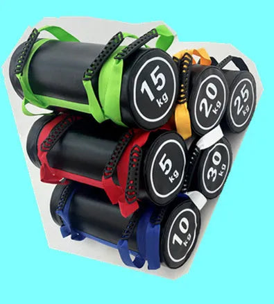 Flat white PVC fitness sandbag for weight lifting and strength training, shown with weight options.