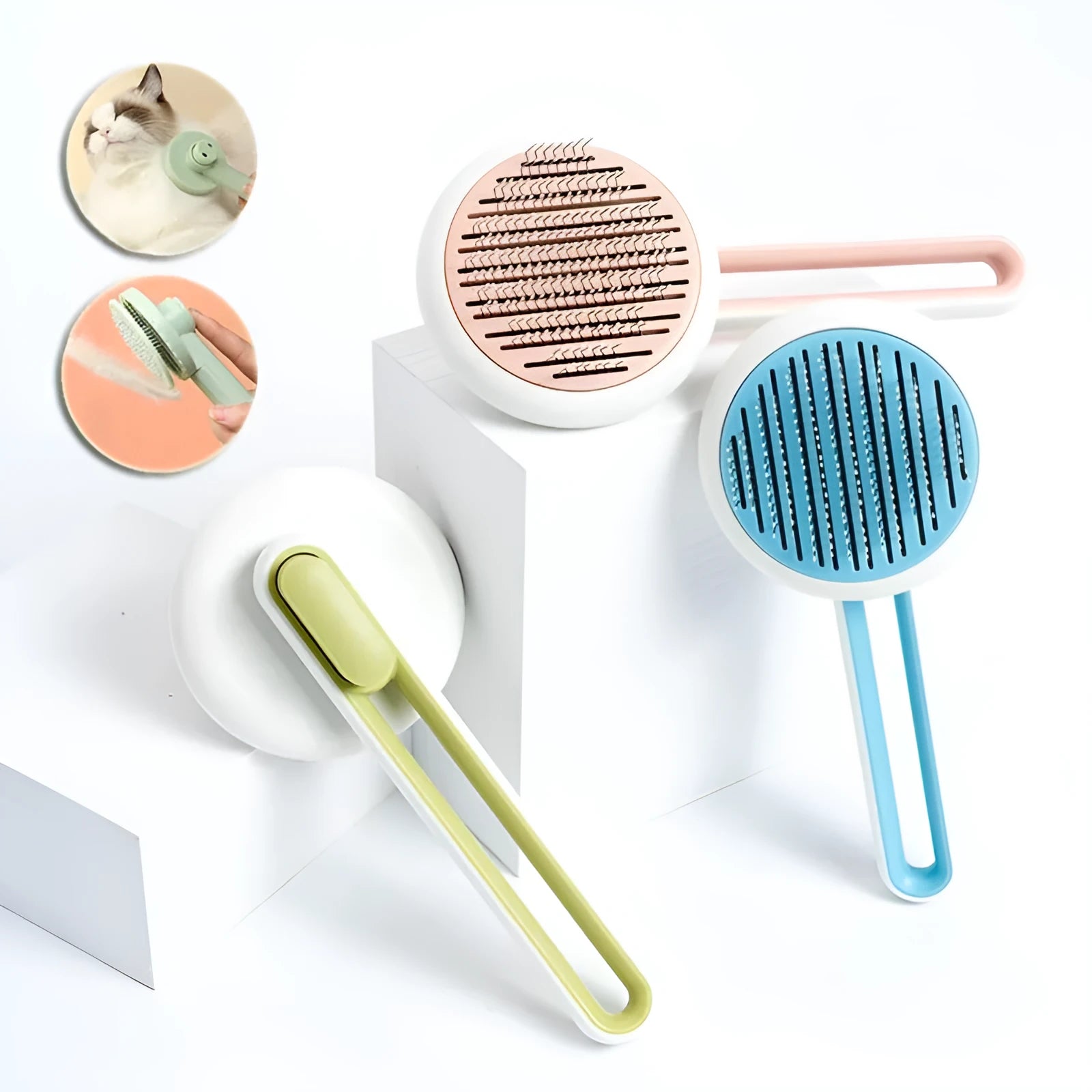 Automatic pet grooming comb with stainless steel teeth, ABS handle, and button release in blue, green, or pink colours