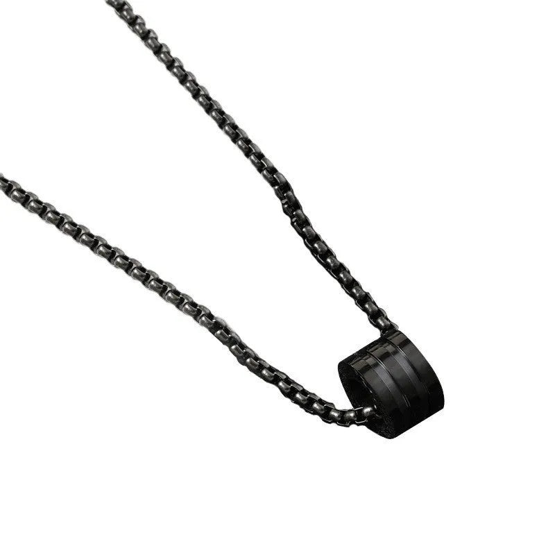 Men's black stainless steel necklace set with titanium steel pendant and cylindrical ring buckle
