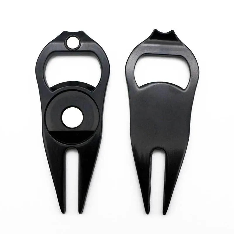 Golf ball yoke bottle opener and marking tool in black, green or silver zinc alloy finish