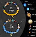 Set of two natural stone beaded bracelets featuring twelve different zodiac sign designs.