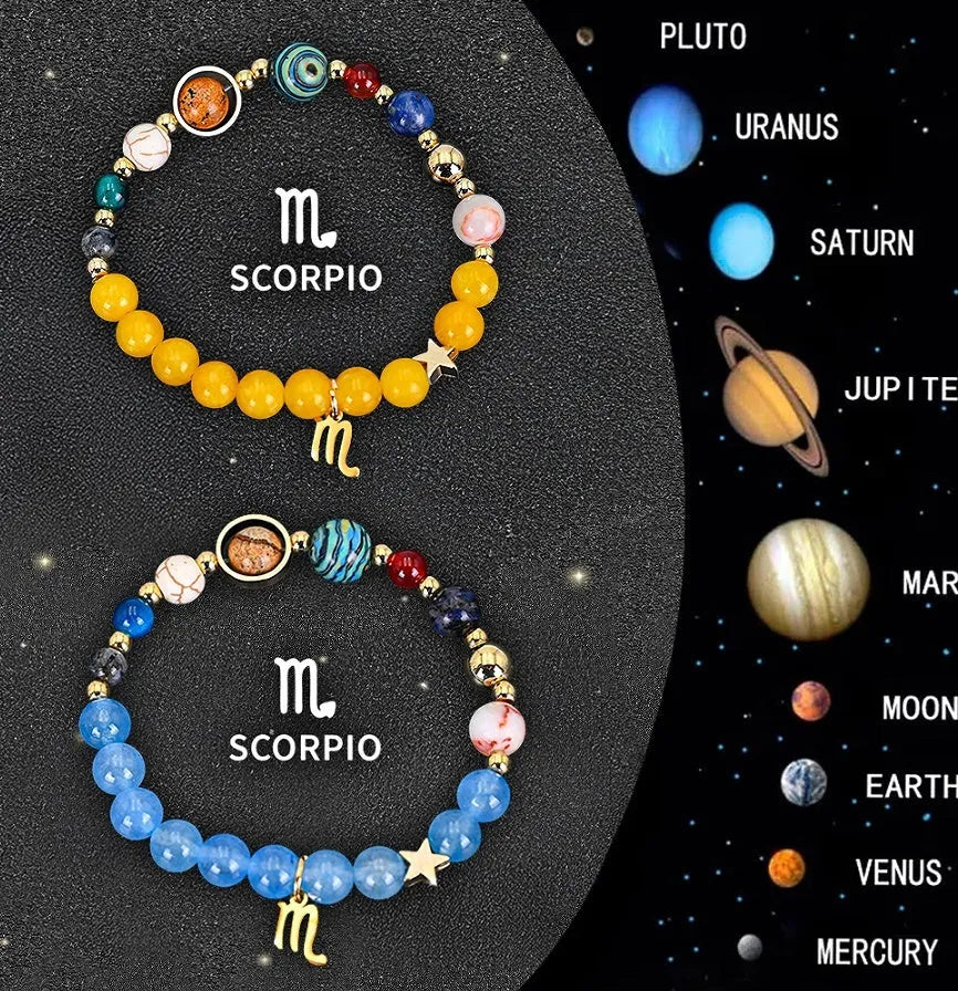 Set of two natural stone beaded bracelets featuring twelve different zodiac sign designs.