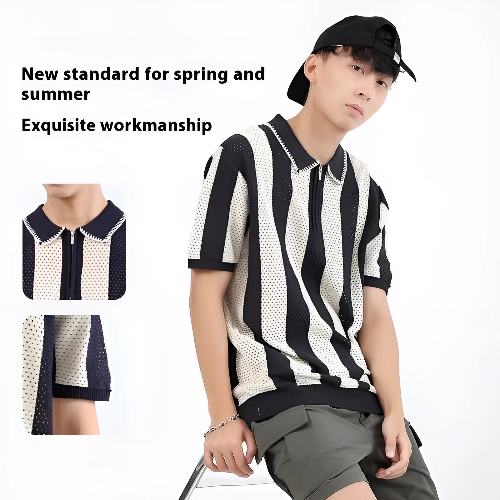 Men's short sleeve ice silk viscose sweater with stripe pattern and zipper decorations in multiple colour options