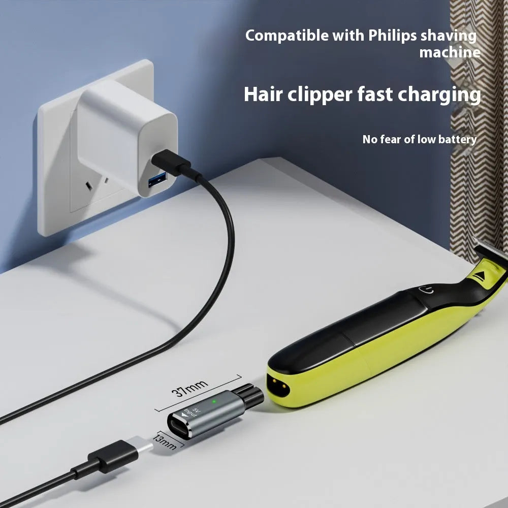Black and grey aluminium USB-C charging adapter for electric shavers with 4.3V 8W output.