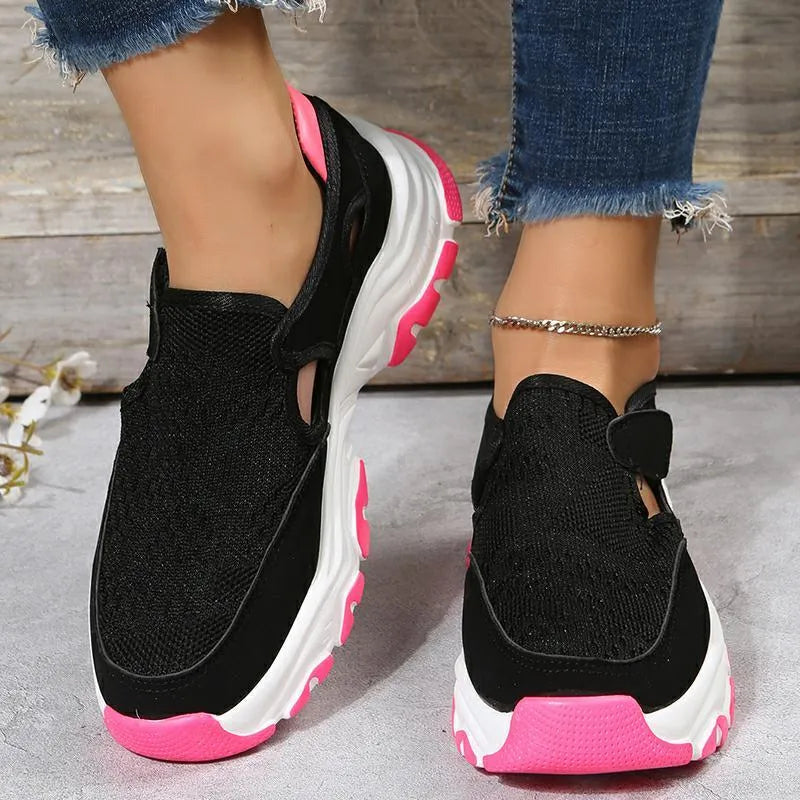 Women's mesh sport shoes with flat heel, round toe, Velcro fastening, and breathable mesh upper in solid colour