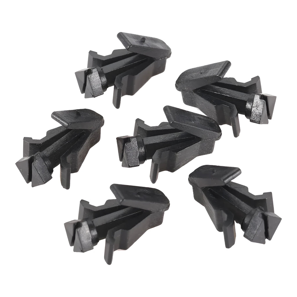 Black plastic bumper cover and radiator grille fastening clip for Nissan vehicles, model 76882-0M060.