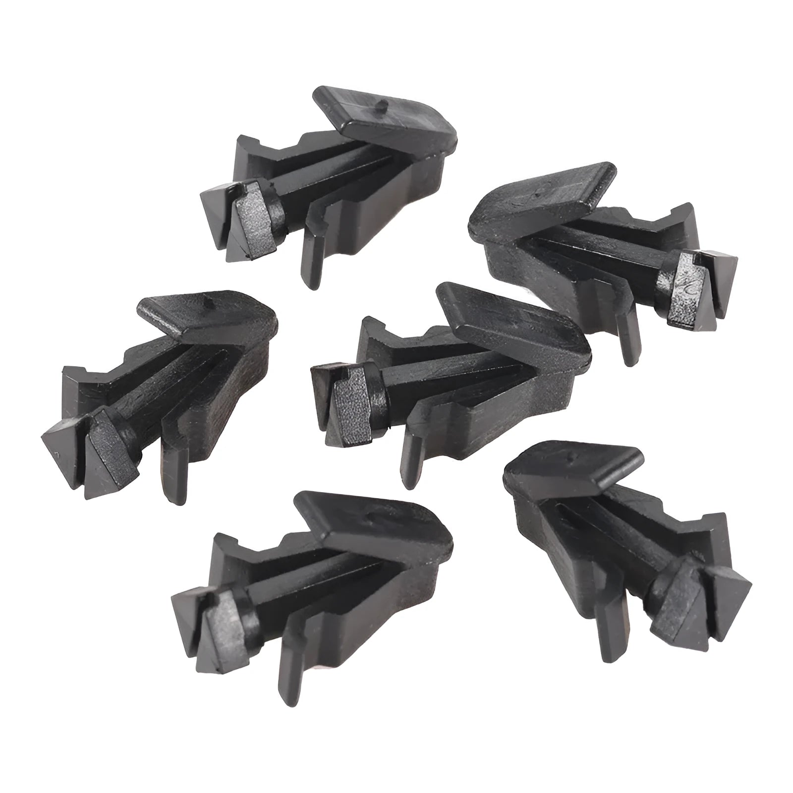 Black plastic bumper cover and radiator grille fastening clip for Nissan vehicles, model 76882-0M060.