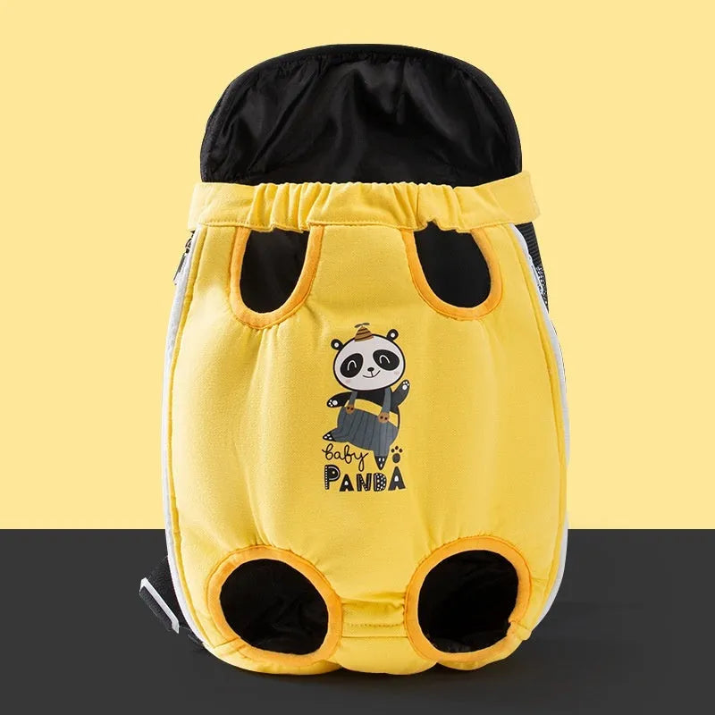 Soft canvas pet carrier bag with cartoon animal design showing colourful stitching details