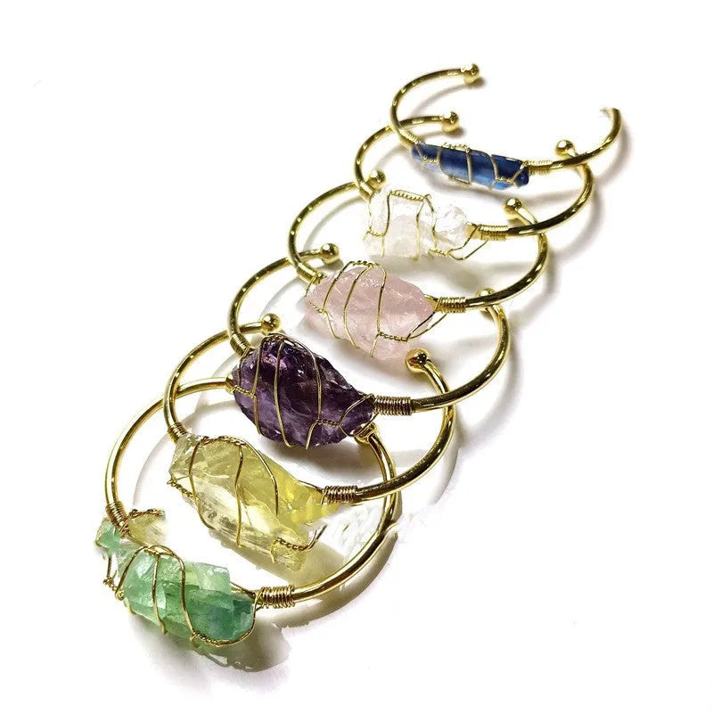 Natural crystal rough stone bracelet with gold winding geometric design and colour mixing variation