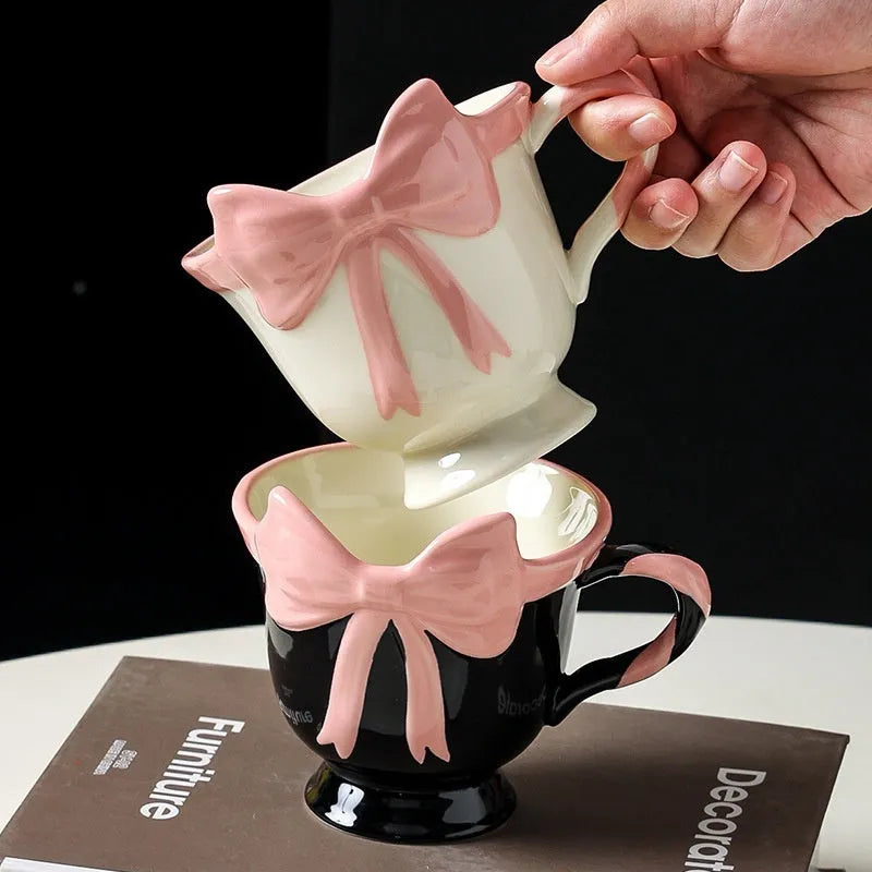 Ceramic heart bow mug in black pink colour with 350ml capacity