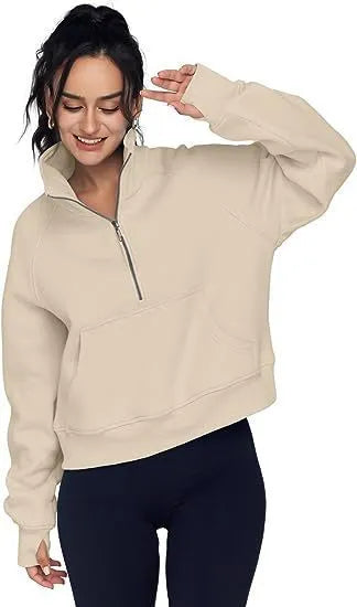 Women's loose lapel fleece-lined sweater in apricot colour with raglan sleeves