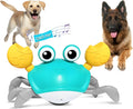 Blue or red electronic crab dog toy with obstacle avoidance sensors, moving sideways on a floor.