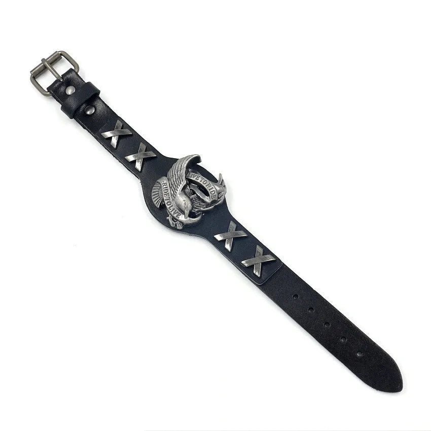 Black geometric leather wrist bracelet with detailed alloy eagle clasp showing tapered width design