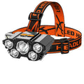 Head-mounted LED miner's lamp flashlight with head strap, 10W power rating, and rechargeable battery