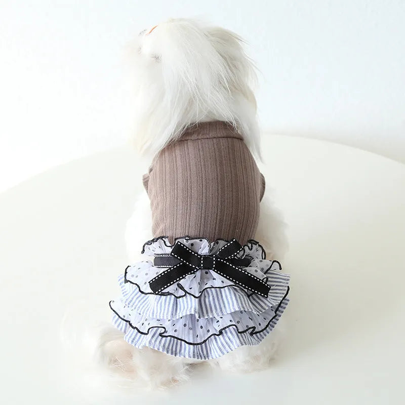 Polka dot and lace princess cake dress for a small dog or cat in taro purple, charcoal black, or iced coffee colour.