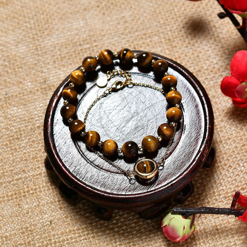 Double-layer women's bracelet with strawberry quartz crystals and electroplated gold finish on adjustable copper band