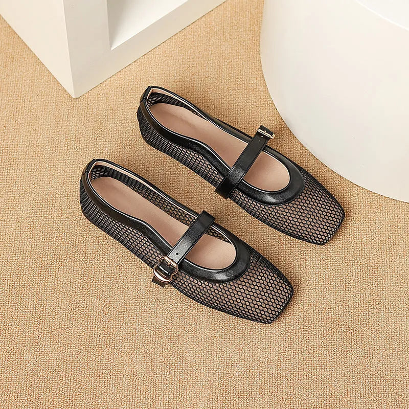 Women's beige mesh summer pumps with square toe and buckle closure showing breathable upper design