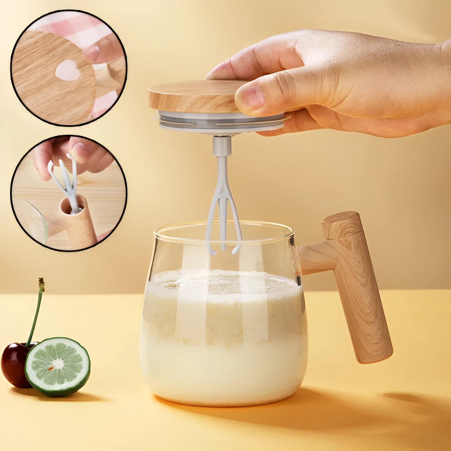 Clear borosilicate glass self-stirring coffee mug with electric base, 400ml capacity.