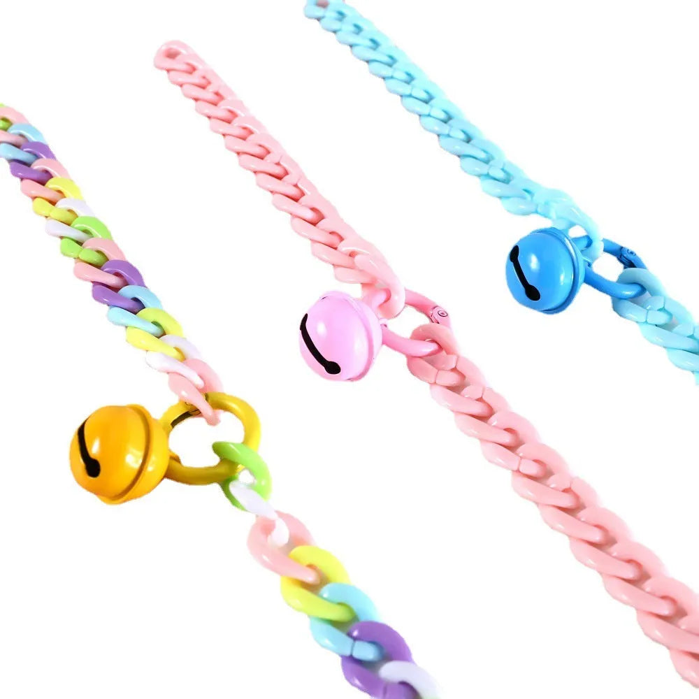 Macaron candy colour plastic pet collar on a white background, showing chain blue, pink, and mixed colour options for cats, dogs, and rabbits.