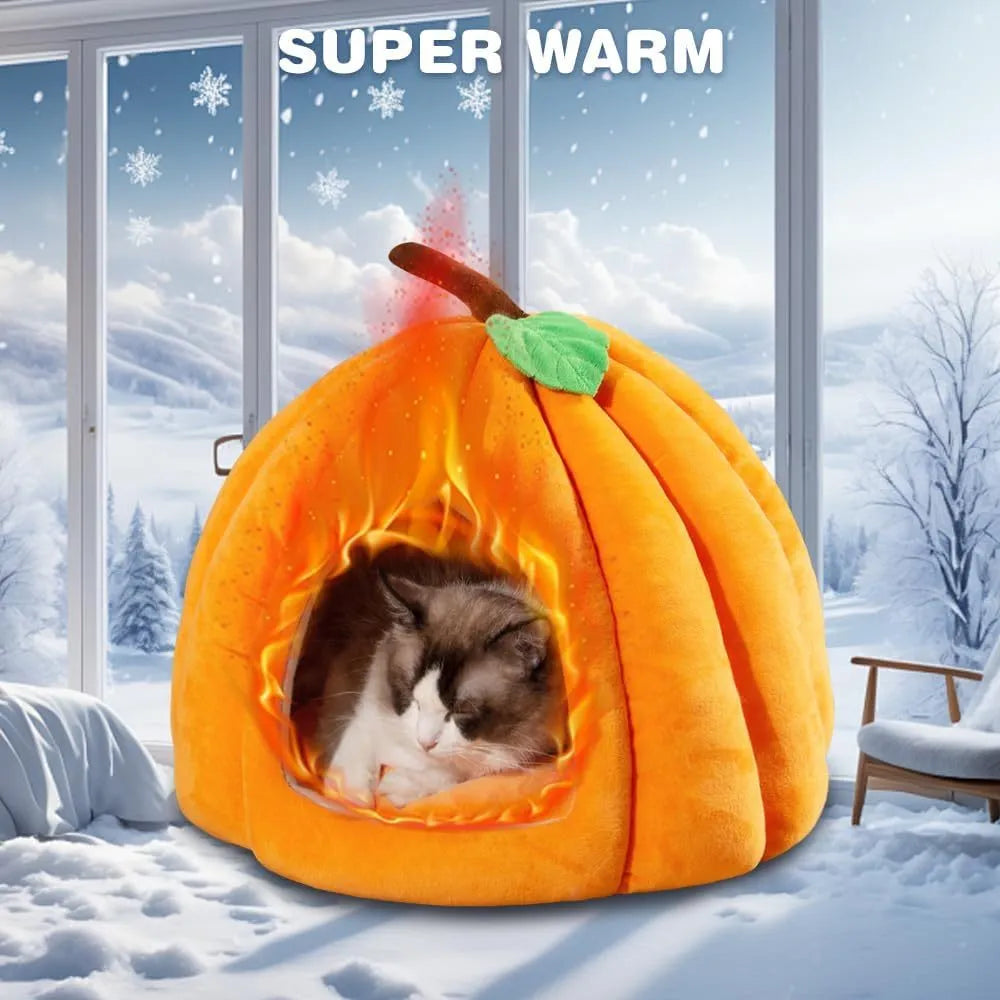 Grey pumpkin-shaped semi-enclosed cat cave bed with a round entry hole on a wooden floor.