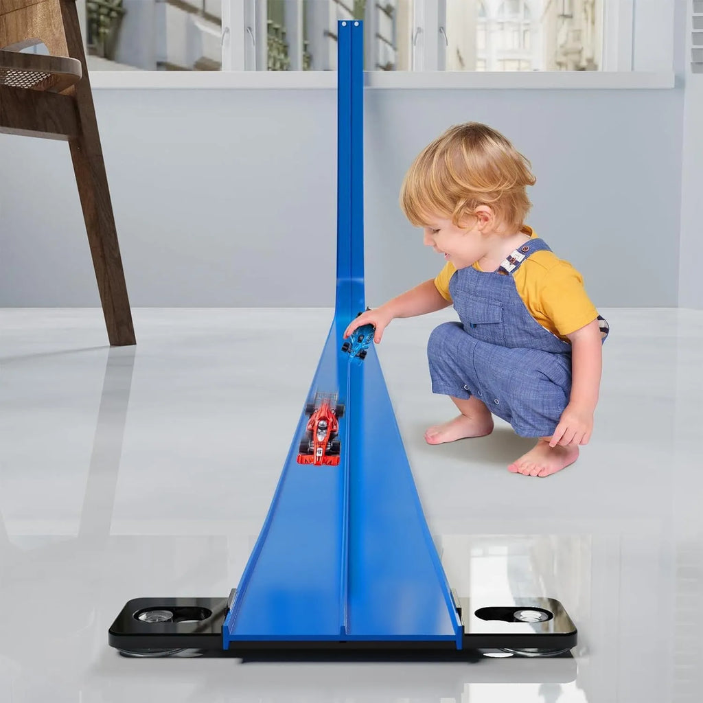 DIY double rail car PVC soft track set with anti-gravity magnetic assembly in blue colour