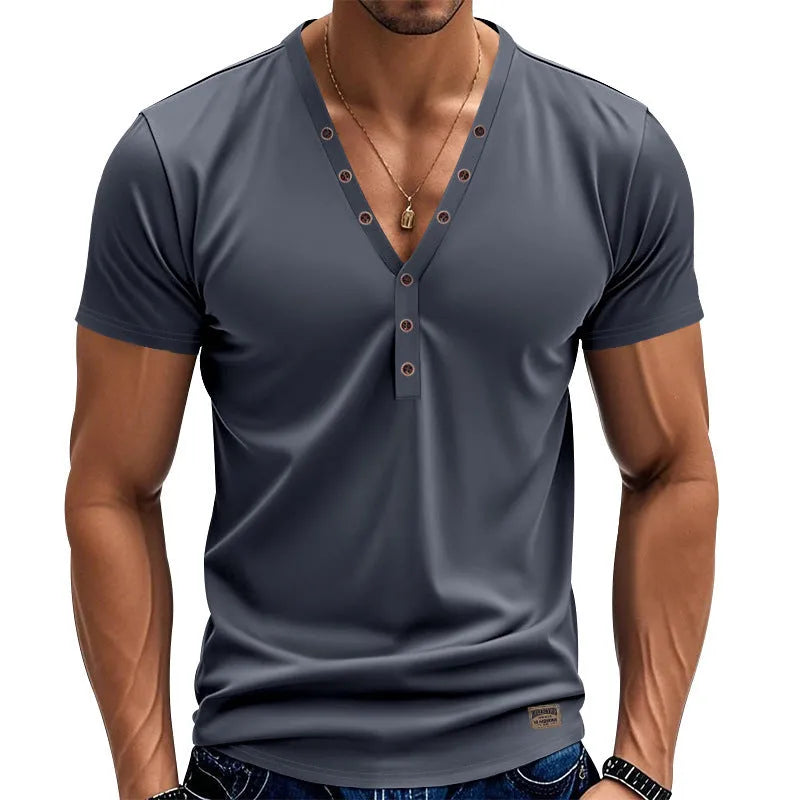Men's loose thin V-neck pullover top in a solid colour with button detail